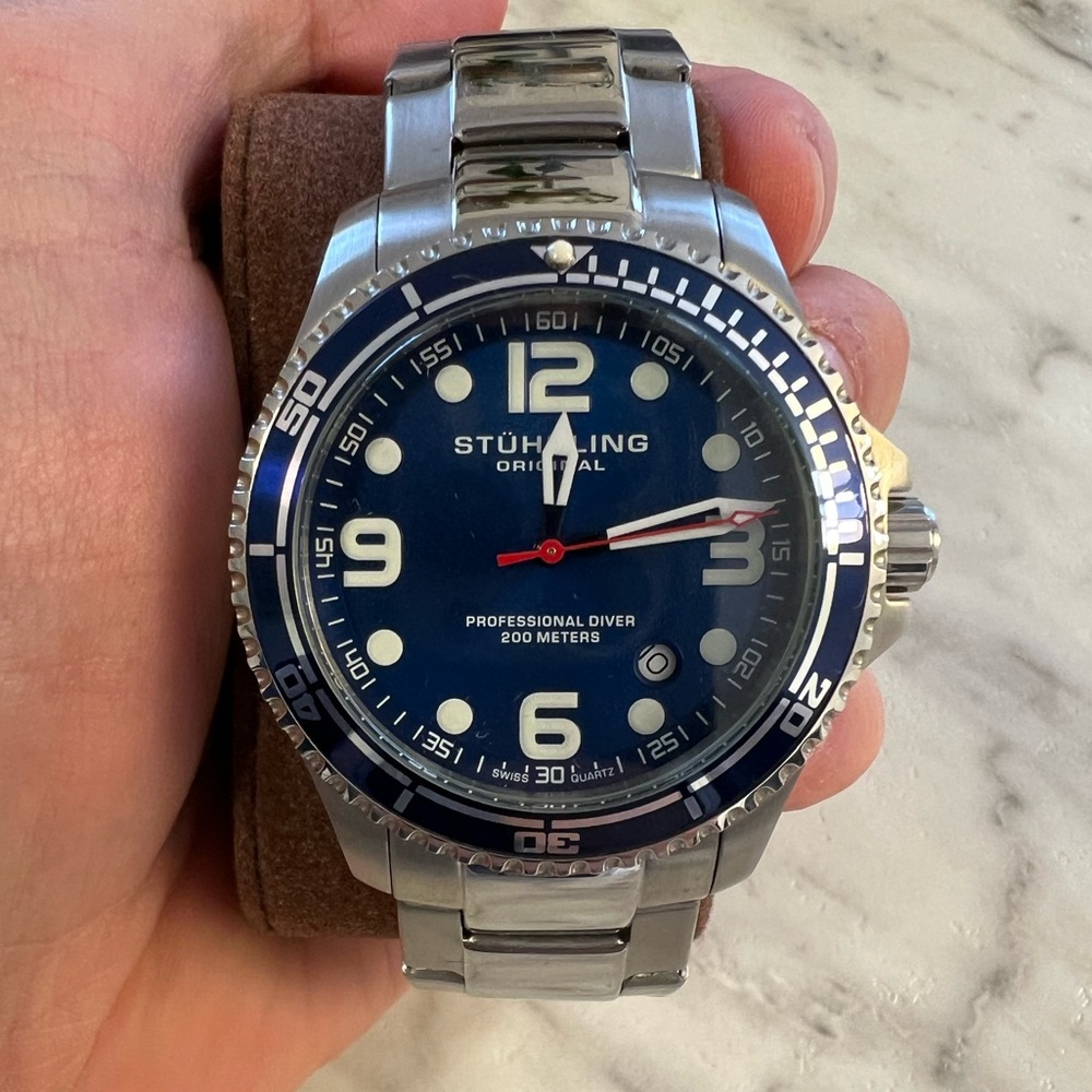 Stührling Diver Professional Watch - Stainless Steel with Blue Face